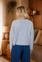 Load image into Gallery viewer, STRIPE RAW EDGE DROP SHOULDER KNIT CARDIGAN: DUSTY BLUE

