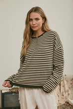 Load image into Gallery viewer, BUTTON HENLEY STRIPE LONG SLEEVE DROP SHOULDER SWEATER: MOCHA
