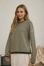 Load image into Gallery viewer, BUTTON HENLEY STRIPE LONG SLEEVE DROP SHOULDER SWEATER: MOCHA
