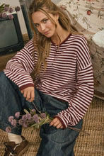 Load image into Gallery viewer, BUTTON HENLEY STRIPE LONG SLEEVE DROP SHOULDER SWEATER: MOCHA
