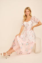 Load image into Gallery viewer, Floral print colorblock midi dress with puff short sleeves
