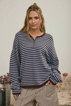 Load image into Gallery viewer, BUTTON HENLEY STRIPE LONG SLEEVE DROP SHOULDER SWEATER: MOCHA
